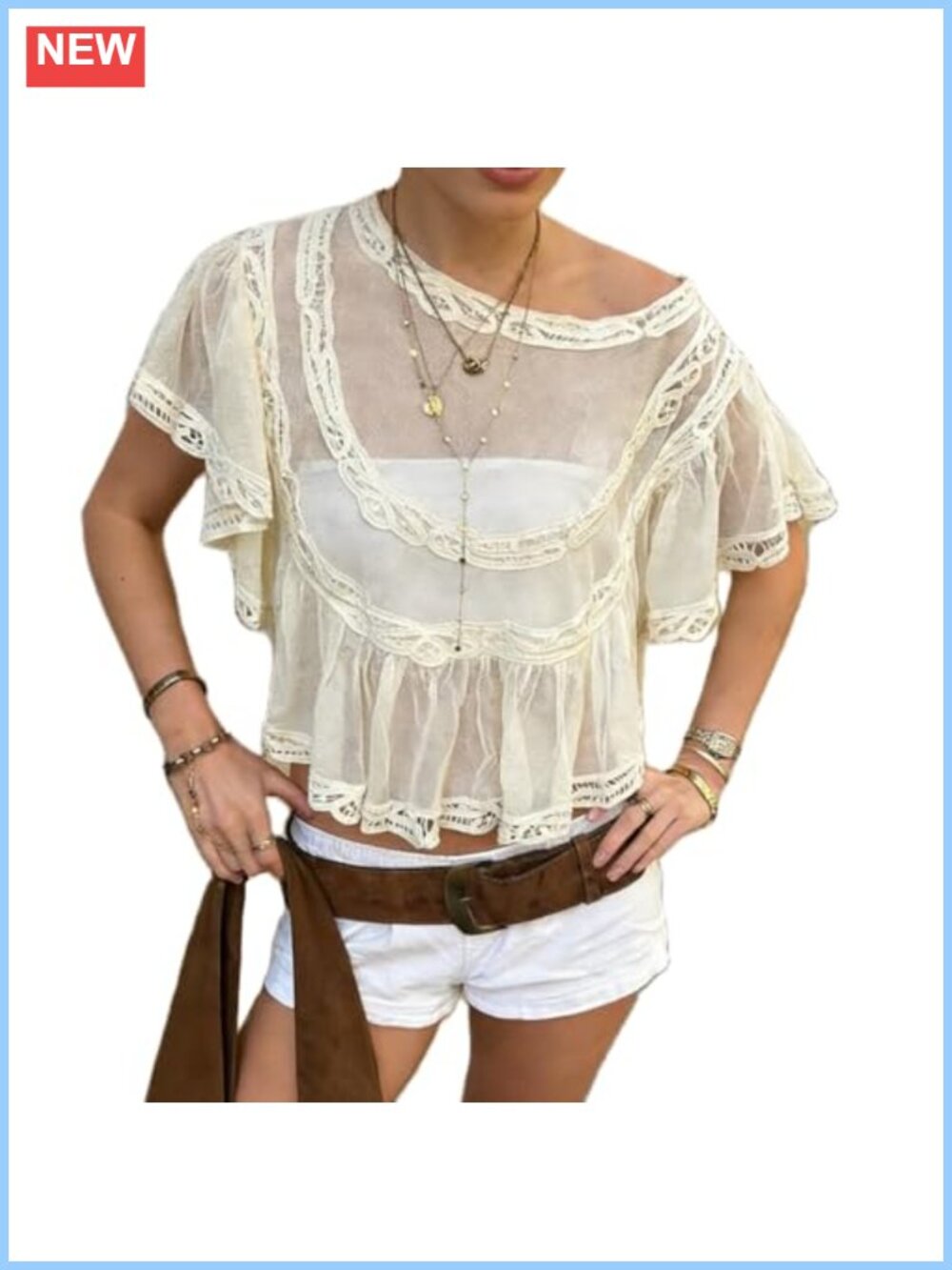 Sheer Chiffon Lace Trim Babydoll Blouse Ruffle Sleeve Cropped Top